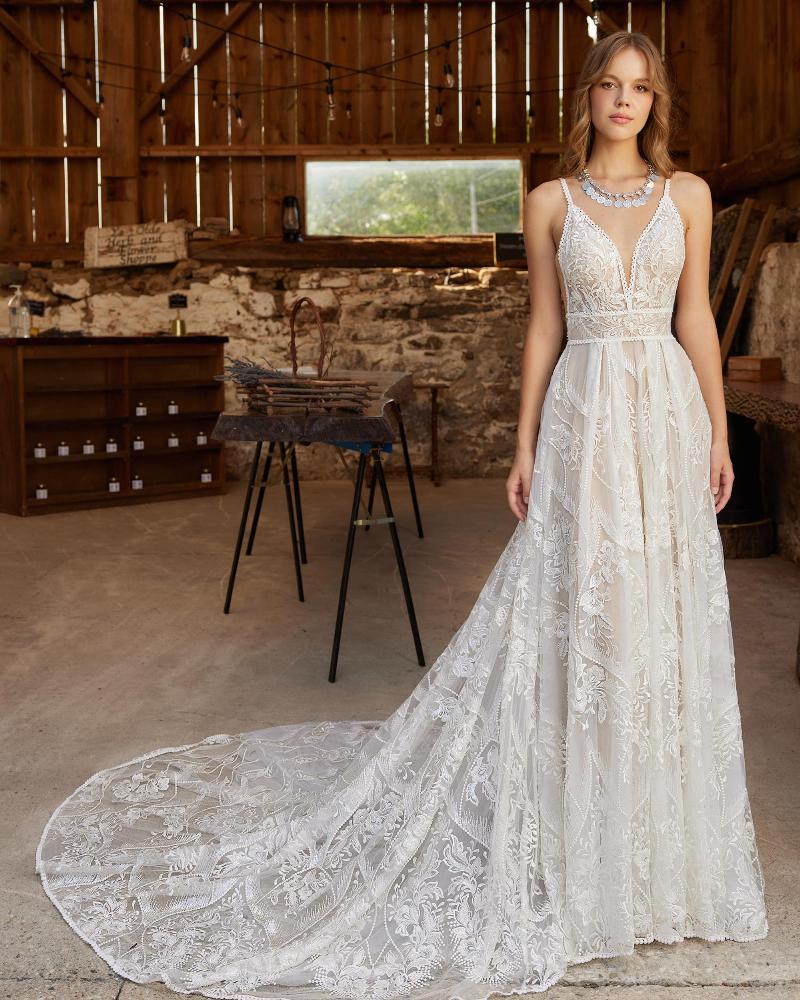 Lp2216 spaghetti strap or long sleeve boho wedding dress with backless a line silhouette3